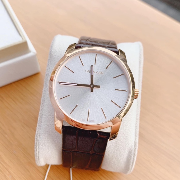 Đồng Hồ Nam Calvin Klein dây da nâu viền vàng mặt trắng