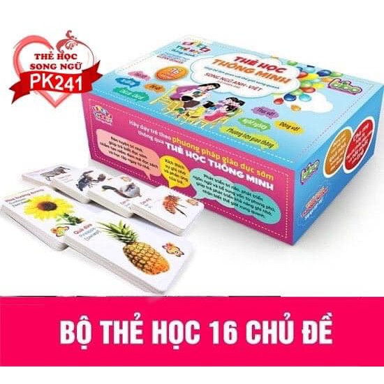 Bộ Thẻ Học Song Ngữ Thông Minh FlashCard 416 Thẻ -16 Chủ Đề Song Ngữ Anh-Việt, Đồ Chơi Phát Triển Tư Duy Cho Bé