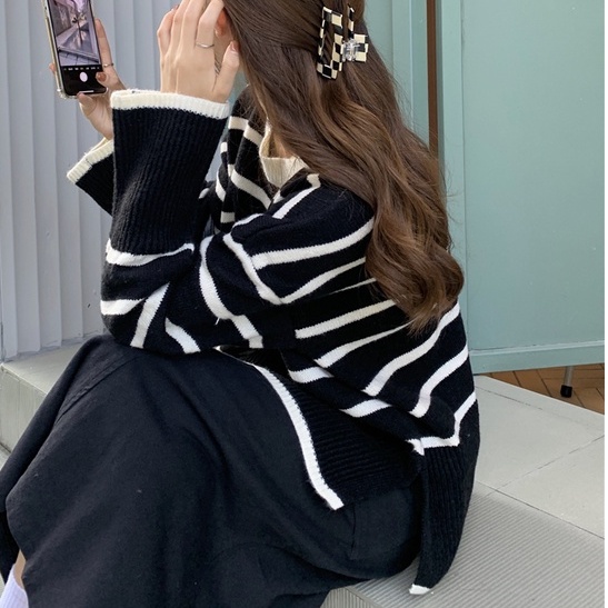 Áo sweater ZHELIHANGFEI tay dài dáng rộng thiết kế xẻ tà bên hông họa tiết kẻ sọc ngang thời trang trẻ trung