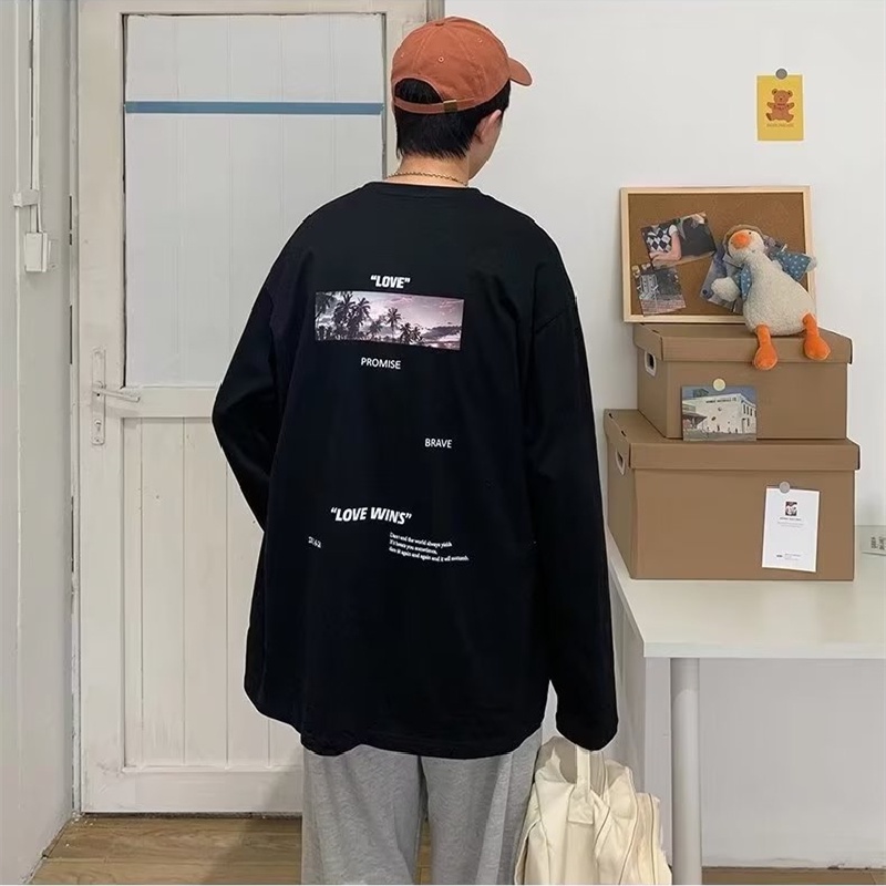 Áo Thun Tay Dài Cổ Tròn Dáng Rộng In Chữ Phong Cách Hip Hop Hàn Quốc Thời Trang Cho Nam Size M-5XL