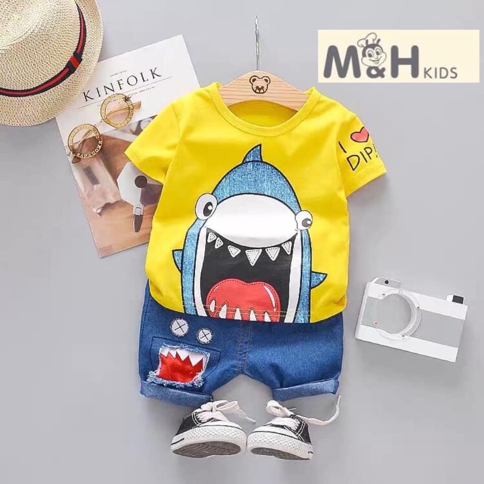 set áo cá mập + quần bò cho bé trai