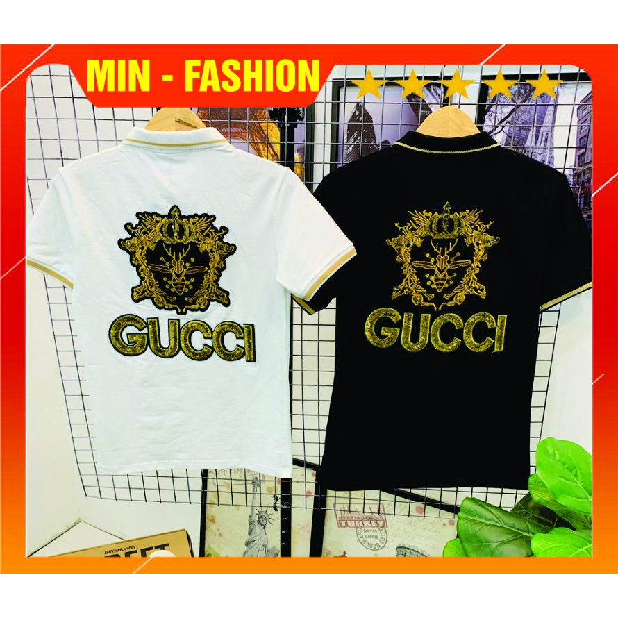 Áo thun nam có cổ đính đá thêu kim sa tay ngắn vải cotton co dãn 2 màu trăng đen cao cấp.