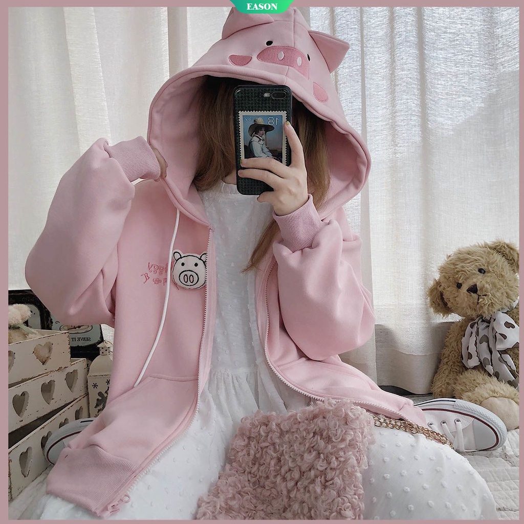 Áo Hoodie Dáng Rộng Thêu Hình Chú Heo Dễ Thương Thời Trang Thu Đông Cho Nữ