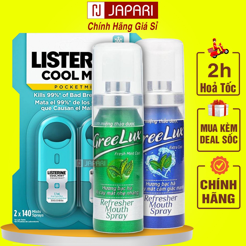 Xịt Thơm Miệng Listerine / Greenlux Chính Hãng - Chai Xịt Thơm Miệng Thảo Dược Bạc Hà Khử Mùi Hôi Miệng - japari