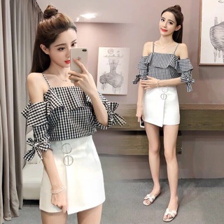 Áo hở vai dây caro