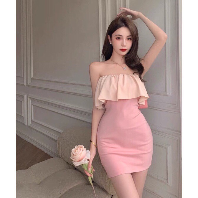váy nữ màu hồng phối bèo gợi cảm , TT 26