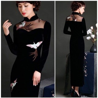 ĐẦM SƯỜN XÁM NHUNG HỌA TIẾT THÊU CỔ CAO SANG TRỌNG CÓ SIZE LỚN  - HÀNG NHẬP KHẨU
