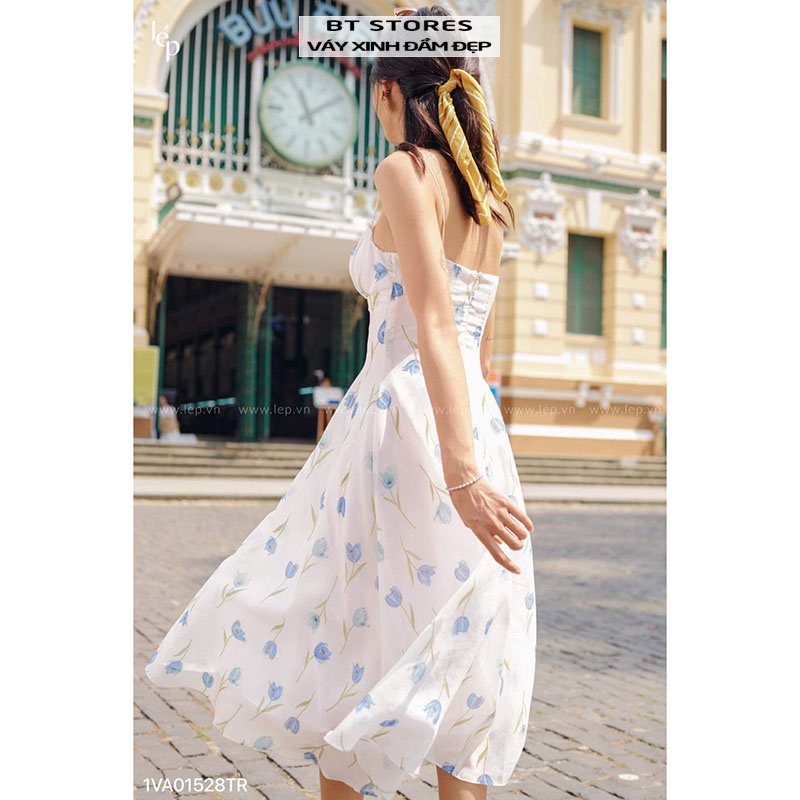 Đầm maxi hai dây họa tiết hoa tulip chất vải tơ organza - Blue Tulips dress (BT117)