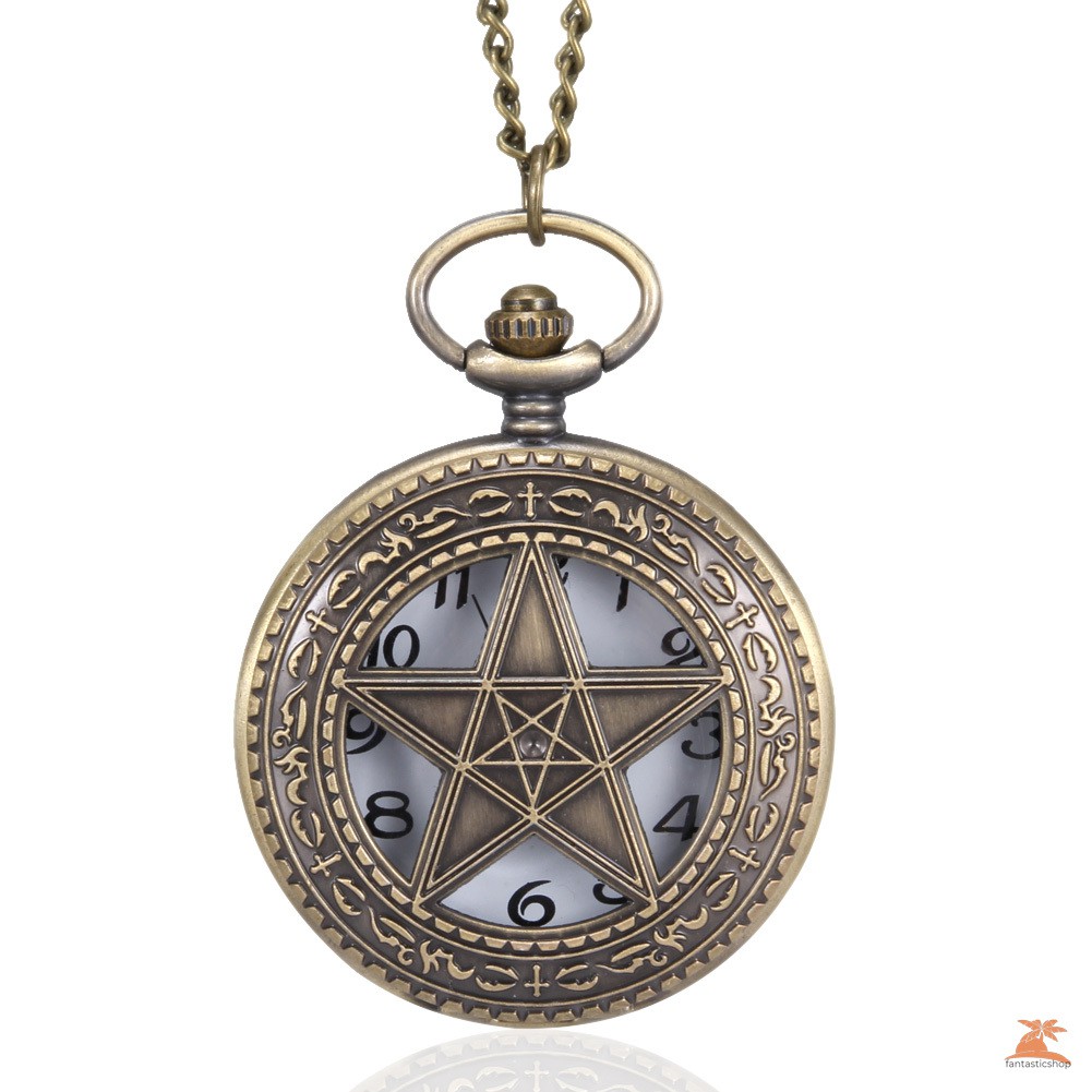 #Đồng hồ bỏ túi# 1pc Men Women Quartz Pocket Watch 5-Pointed Star Hollow Carved Case with Chain