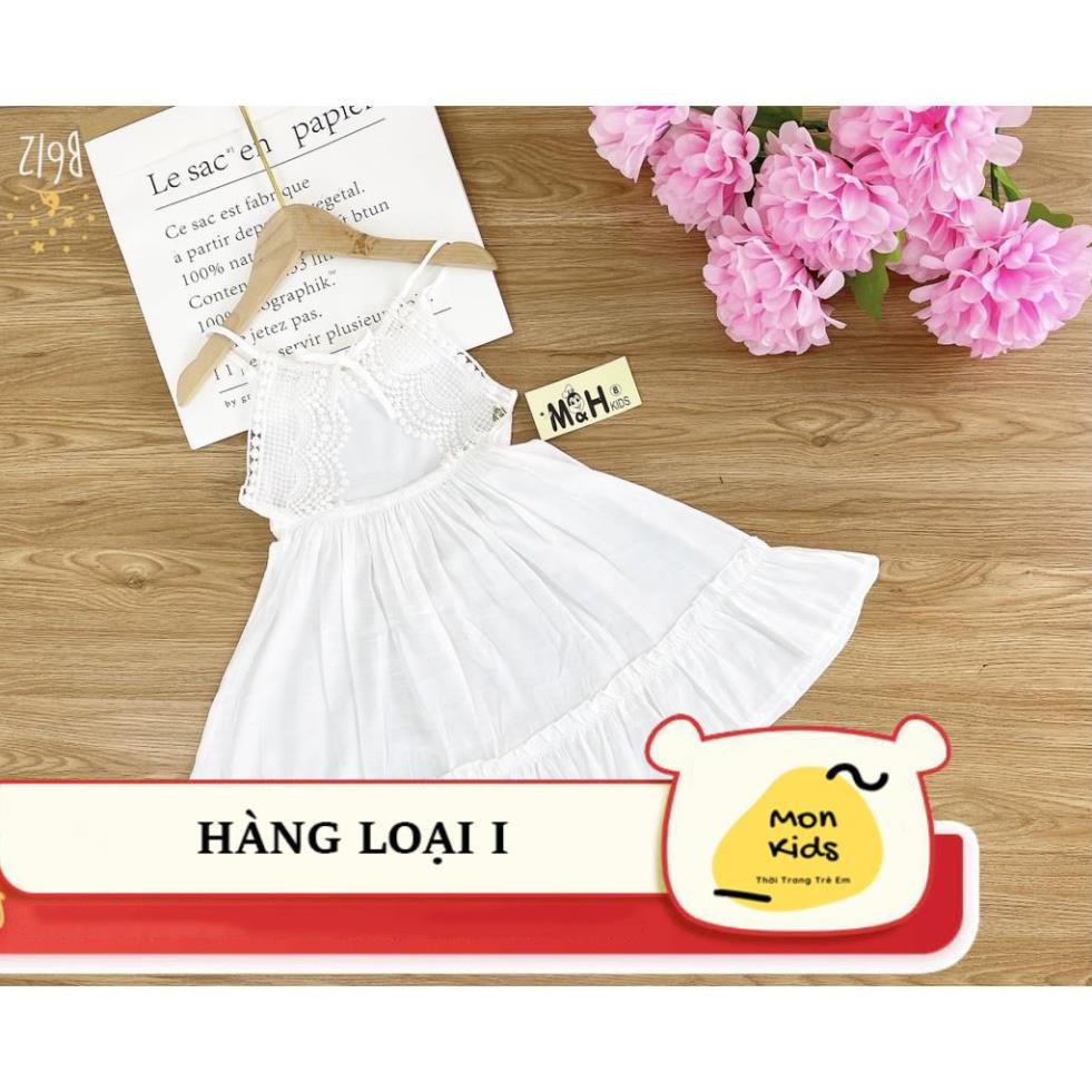Váy trắng 2 dây, đầm trắng xòe 2 dây phối ren xuất Hàn , chất liệu đũi lụa mềm cho bé gái từ 22 - 36 kg - Mon Kids
