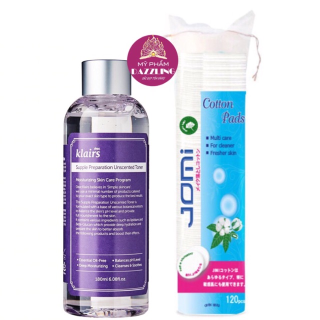 Nước Hoa Hồng Klairs Supple Preparation Unscented Toner 180ml + Bông Jomi 120 Miếng | BigBuy360 - bigbuy360.vn