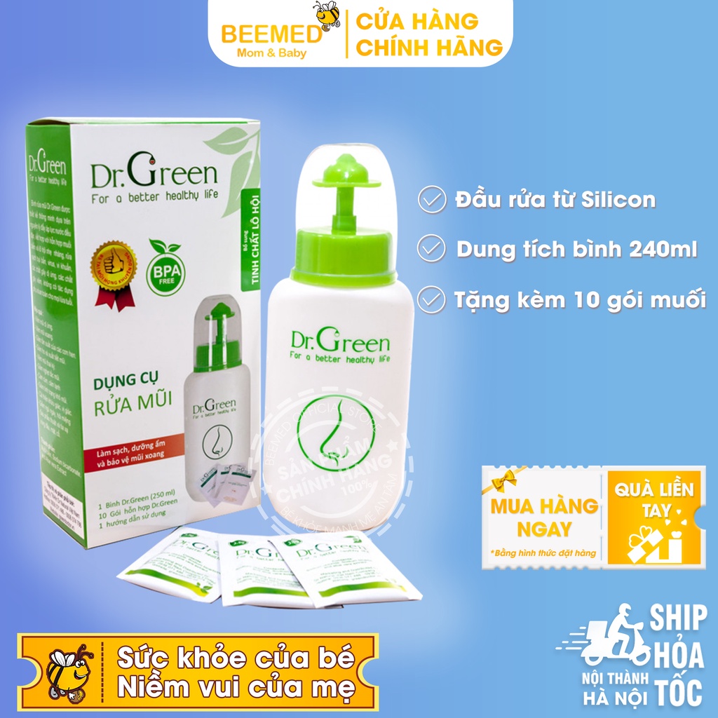 Bình và muối rửa mũi Dr Green cho bé tặng kèm 10 gói muối, người lớn có van điều chỉnh - Giúp thông mũi, giảm ngạt mũi