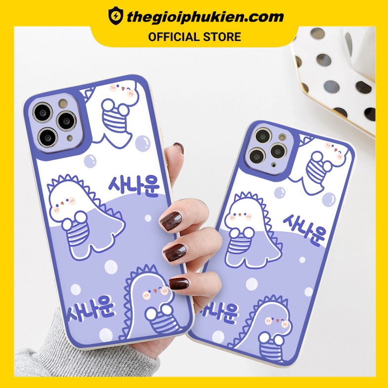 Ốp iphone - Ốp lưng iphone cạnh vuông khủng long tím dành cho ip 6 đến 14promax - ng218