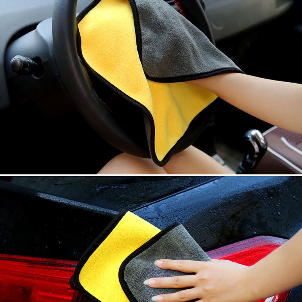 Khăn lau xe ô tô microfiber chuyên dụng lau rửa xe đa năng 2 mặt vàng xám siêu thấm dày dặn không đổ lông VuaAuto