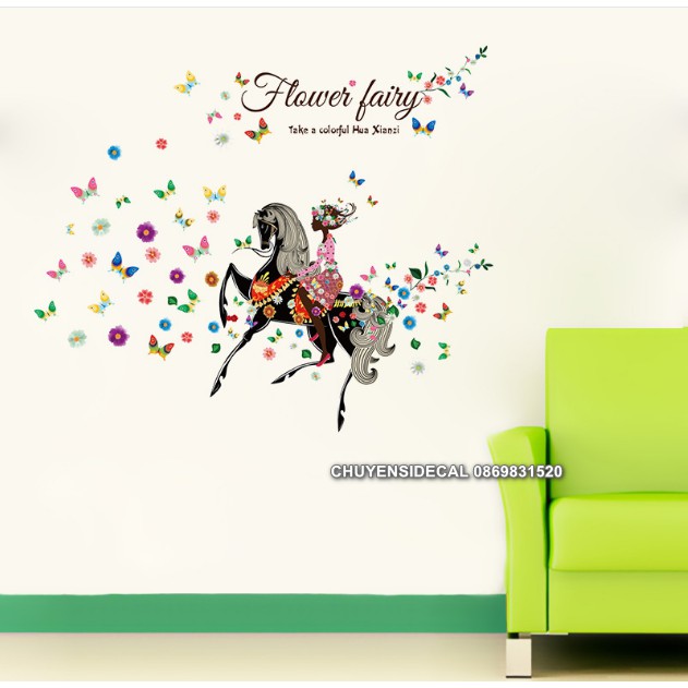 Decal trang trí tường - Cô Gái Hoa Cưỡi Ngựa Cực Ngầu