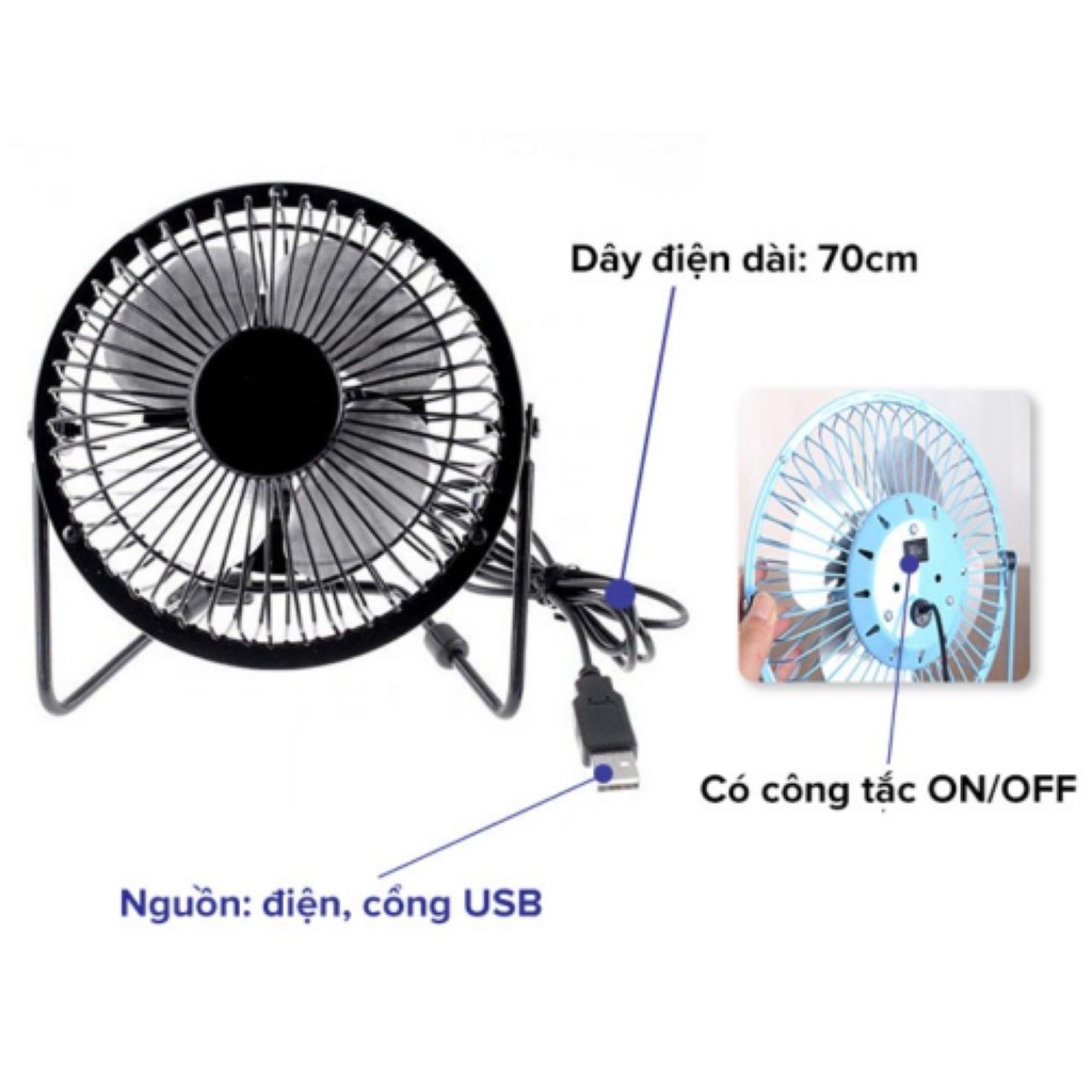 Quạt mini lồng sắt 4 cánh nhỏ gọn mát cắm điện cổng usb gập xoay để bàn làm việc văn phòng xe hơi ô tô giường ngủ em bé