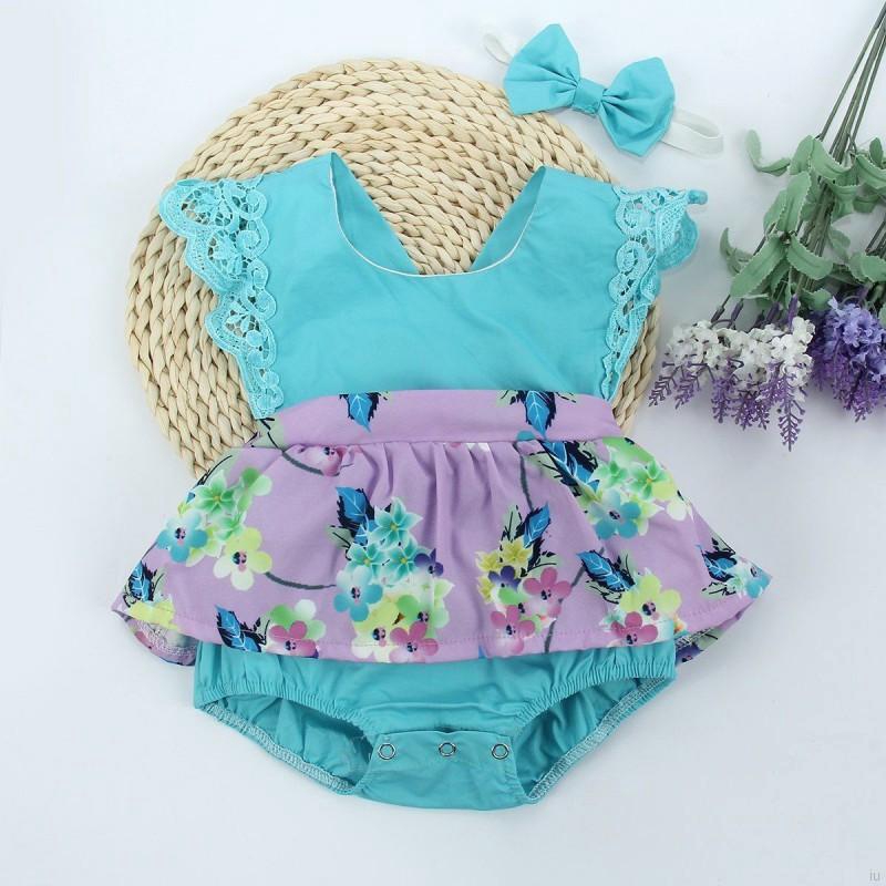 Bộ Áo Liền Quần Cotton Họa Tiết Hoa Ống Loe Và Băng Đô Cho Bé Gái