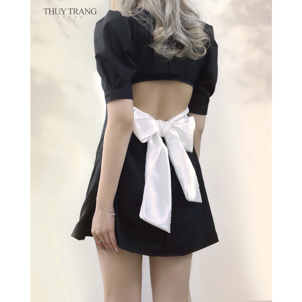 Đầm xòe cổ vuông cut-out lưng, nơ buộc ulzzang cực xinh, tiểu thư - Váy xòe nơ lưng chất Cát hàn có sẵn ảnh thật