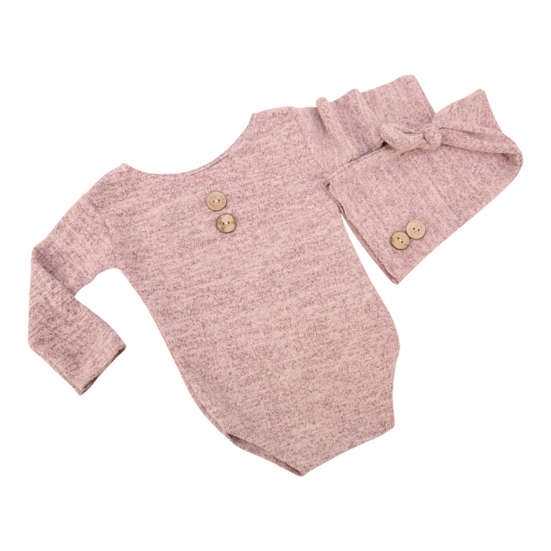 Bộ Áo Liền Quần Tay Dài Đính Nút + Mũ Đuôi Dài Màu Trơn Làm Phụ Kiện Chụp Ảnh Cho Bé Sơ Sinh