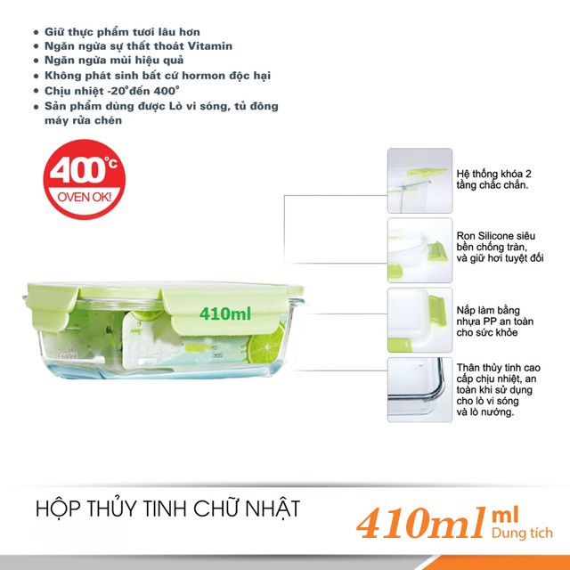 Bộ hộp cơm thủy tinh cường lực gồm 3 hộp thủy tinh 410ml không chia ngăn, Túi đựng và bộ đũa