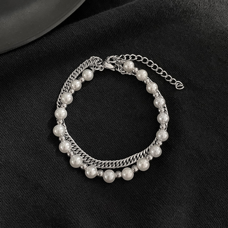 Vòng Tay Hai Lớp Đính Hạt Ngọc Trai Phong Cách Hip Hop