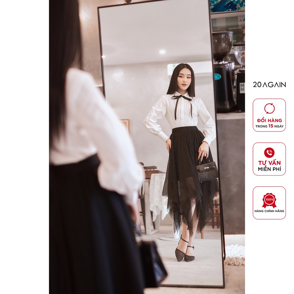 Áo sơ mi dài tay 20AGAIN, thiết kế cổ vuông thắt nơ nữ tính, điệu đà ASA2209