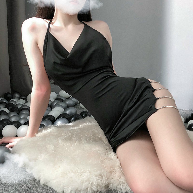 Váy Ngủ Nữ Sexy Xẻ Đùi Phối Dây Xích Quần Lót Lọt Khe T - Đồ Ngủ Sexy Gợi Cảm - VB Mắt xích