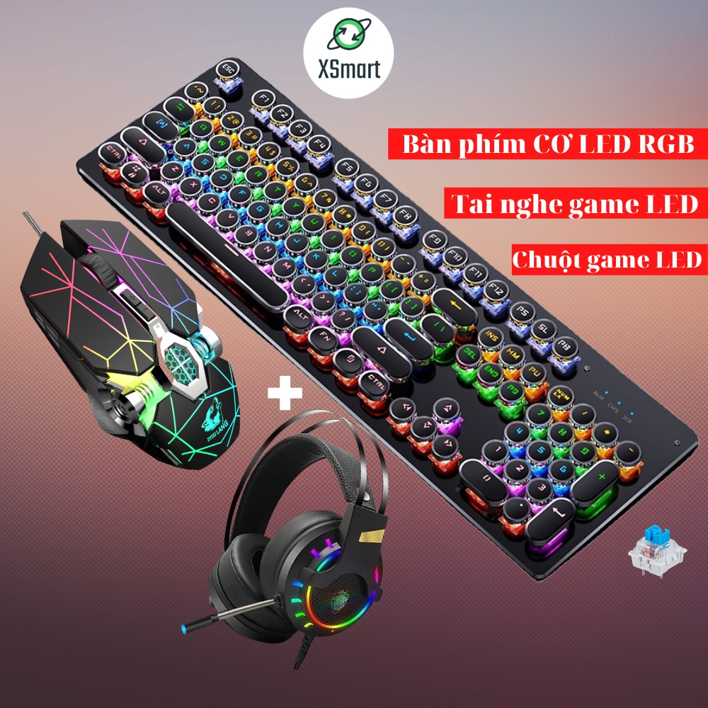 COMBO bàn phím cơ kèm chuột và tai nghe chụp tai headphone gaming LED RGB chơi game đổi màu siêu đẹp T907+V8 tia sét+K3