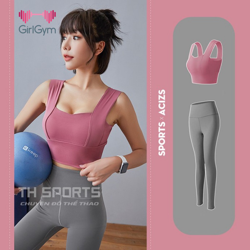 Bộ tập gym yoga earobic nữ, Sét quần dài và áo ba lỗ croptop có lót ngực chống sốc khi tập luyện Girl Gym