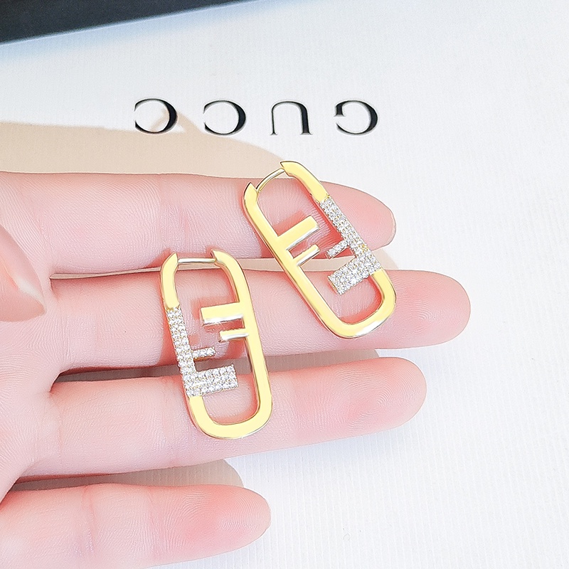 [Jiudolan] Khuyên Tai Thời Trang Âu Mỹ Đính Kim Cương Chữ F Vàng Thiết Kế Niche Thanh Lịch Cho Nữ
