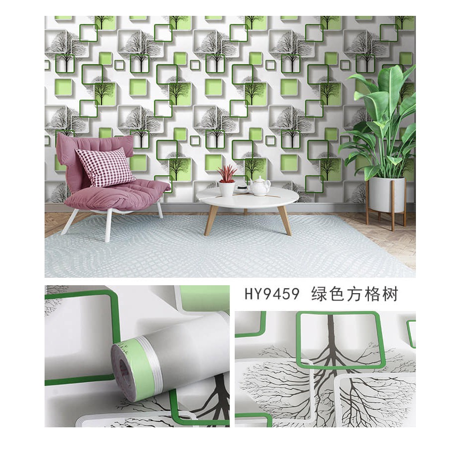 Cuộn 10m giấy dán tường ô vuông xanh lá