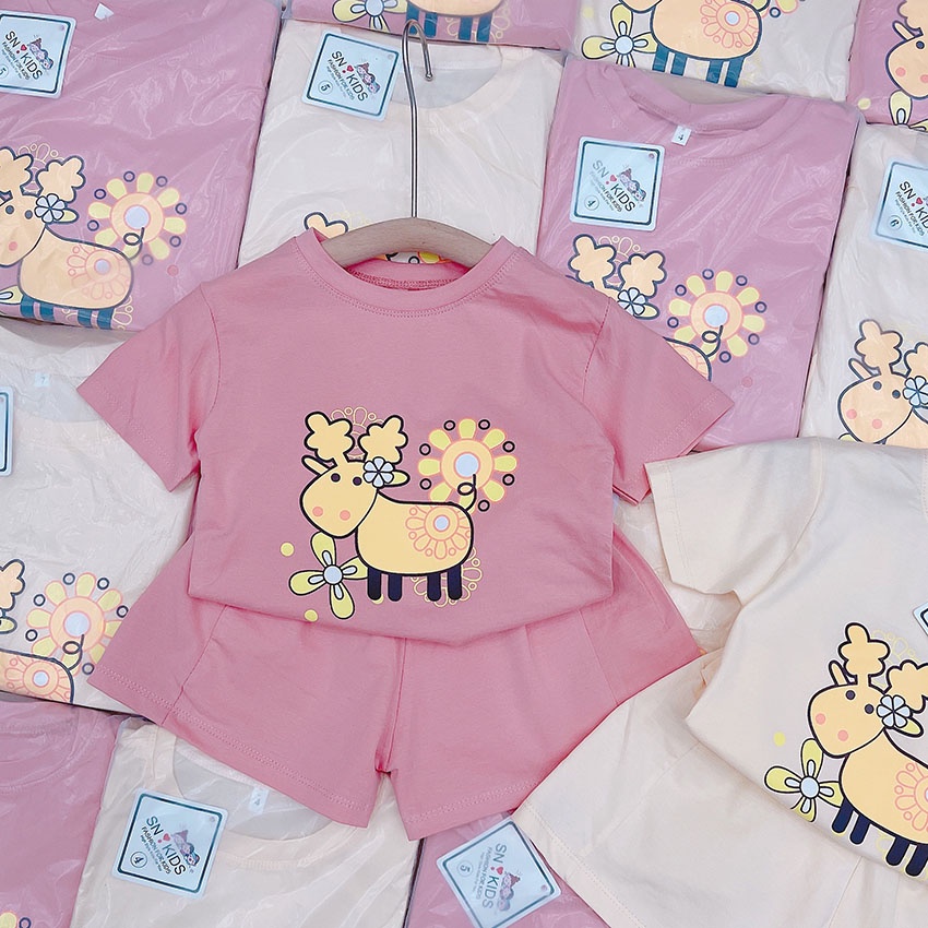 Bộ Quần Áo Trẻ Em Cộc Tay In Hình Cừu Hoa Vải Cotton Siêu Đáng Yêu Dễ Thương Cho Bé Gái Từ 7-19kg Mã CT51