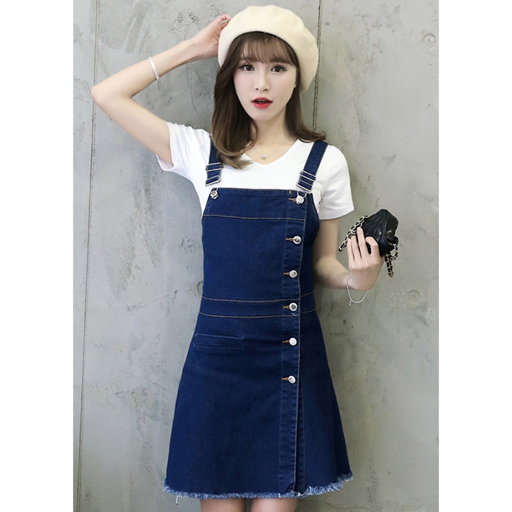 Đầm Yếm Jean Nữ Nút Dọc Thời Trang