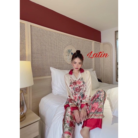 Đồ bộ pijama mặc nhà LỤA LATIN cao cấp hoa nhí đỏ tay ngắn quần dài - tay dài quần dài