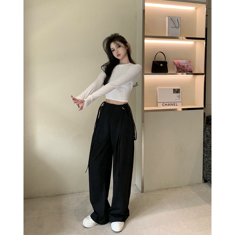 Cocory vn Quần ống rộng Lưng Cao Phối Dây Rút Thời Trang Mùa Thu Cho Nữ