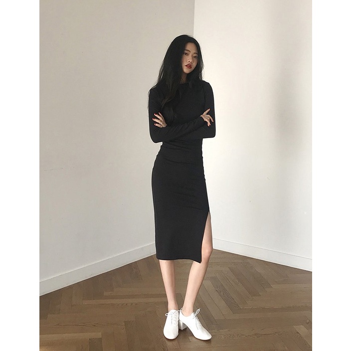 Váy đầm nữ dài tay len tăm body đen xẻ vạt cổ tròn Ylydress freesize phom ôm tôn dáng sexy dáng dài C660 | BigBuy360 - bigbuy360.vn