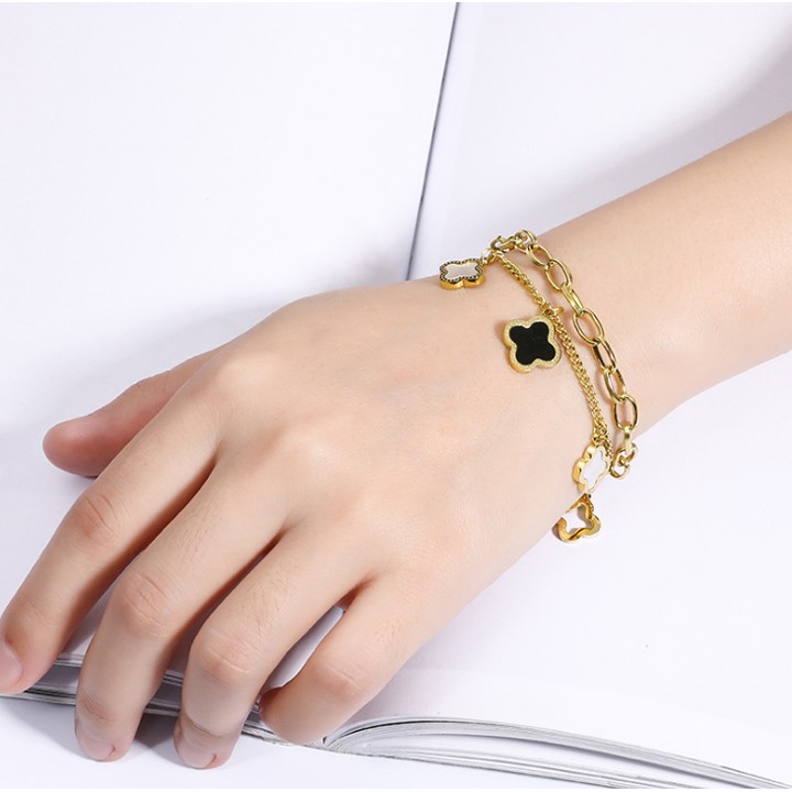 Lắc tay nữ titan cao cấp kiểu xích 2 tầng rớt hoa 4 cánh siêu đẹp, bền màu, hợp thời trang, dễ phối đồ