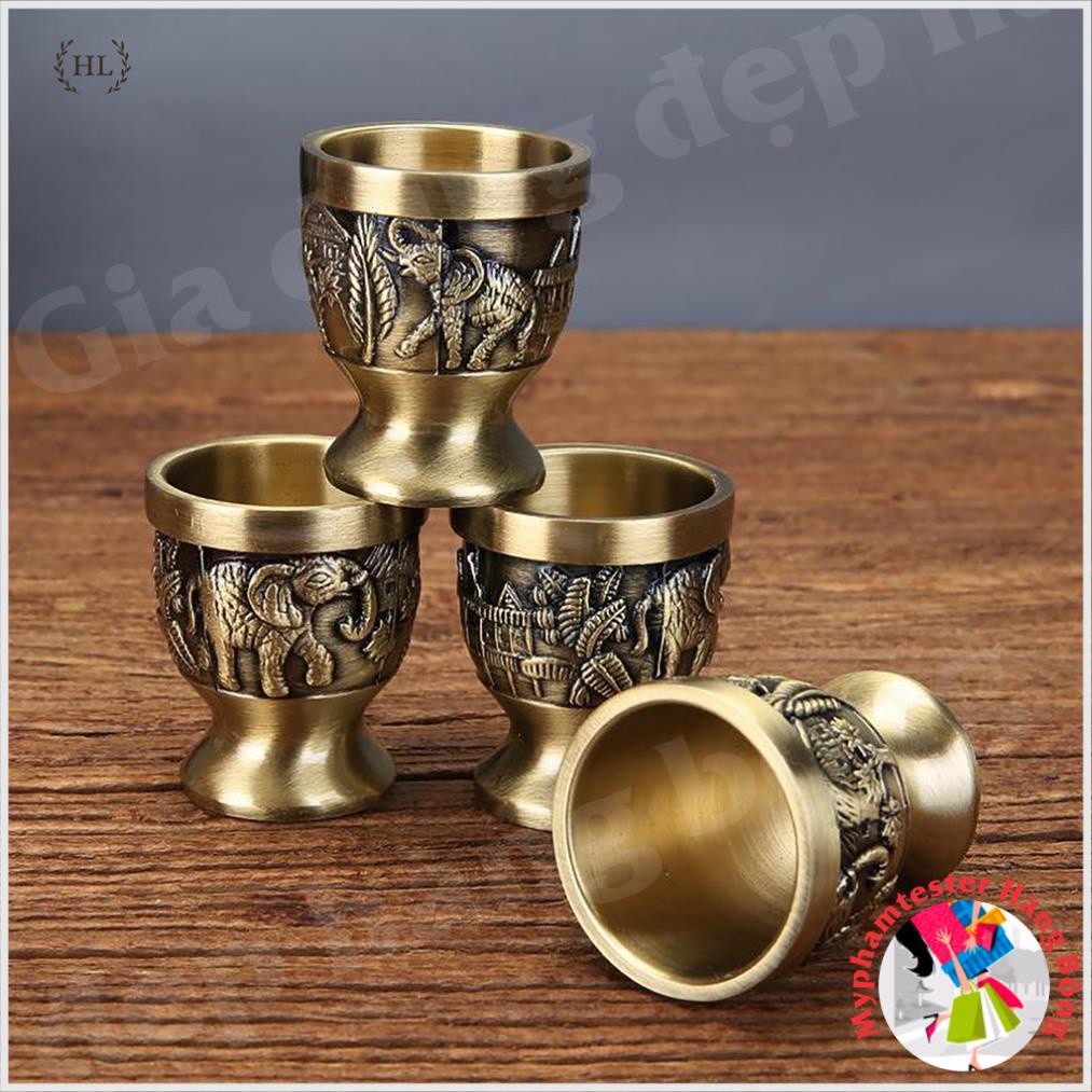 Bộ ấm trà đồng 4 ly - 6 ly | Bộ ấm trà ban thờ phật - thần tài cao cấp hoa văn họa tiết voi Thái phú quý đại cát