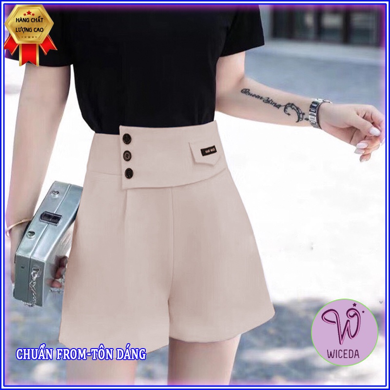 Quần short nữ lưng cao phối cạp 3 cúc Wiceda , quần đùi cạo cao đẹp hai màu đen be sáng chất tuyết mưa dày dặn QĐ401