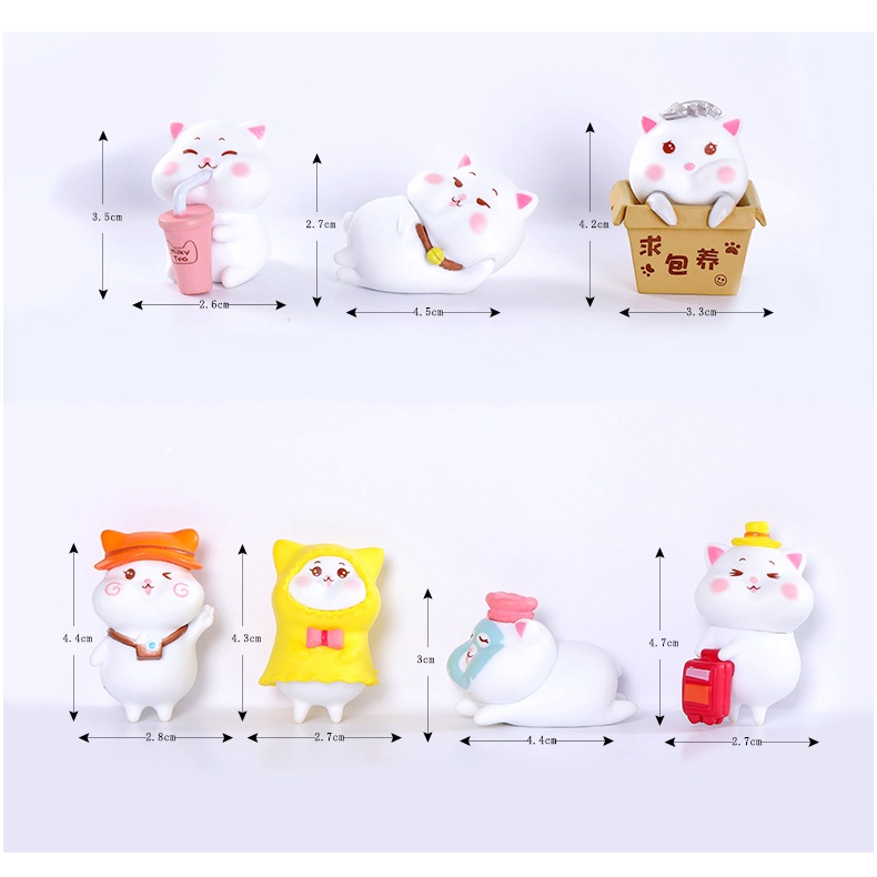 Set 7 mô hình mèo trắng béo mini dễ thương trang trí bàn làm việc, tủ sách, quà tặng, tiểu cảnh