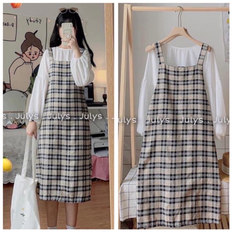 [Mã SKAMFSW175 giảm 10K đơn 50K] [SIÊU HOT Set Váy Yếm BaByDoll Kẻ 🦋 Bộ Váy Yếm Kèm Áo Thun Tay Bồng Dài Tay 2 Màu 🦋