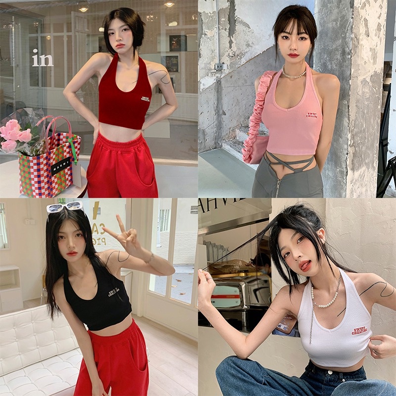 Áo Croptop Hai Dây Dáng Ôm In Chữ Phong Cách Hàn Quốc Thời Trang Cho Nữ