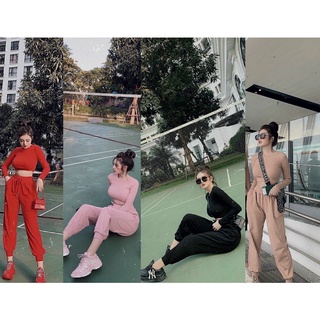 Bộ áo croptop quần boom bo chun đen/đỏ/da/hồng