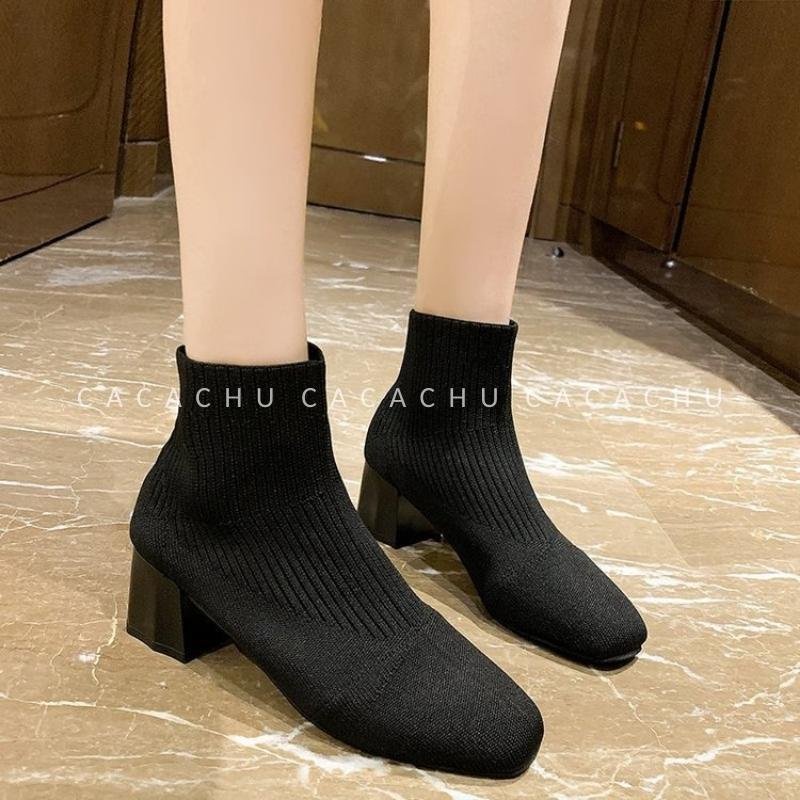 Boot len nữ cao cổ lửng đế cao 7cm màu đen đẹp siêu hot 2022, Bốt nữ Quảng Châu  cao cấp form xinh ôm chân CACACHU G044