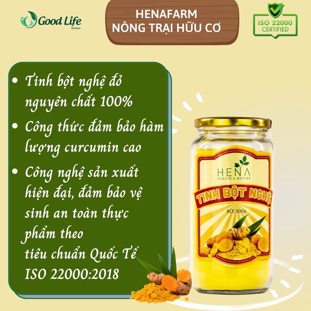 Tinh Bột Nghệ Hữu Cơ Nguyên Chất Tinh Chế Cao Cấp Hena 500G Đạt Tiêu Chuẩn Iso 22000, Bột Nghệ Vàng Hữu Cơ Nguyên Chất
