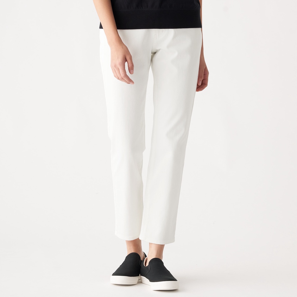 Muji Quần Denim Boyfit Dài Đến Mắt Cá Co Giãn 4 Chiều-Trắng