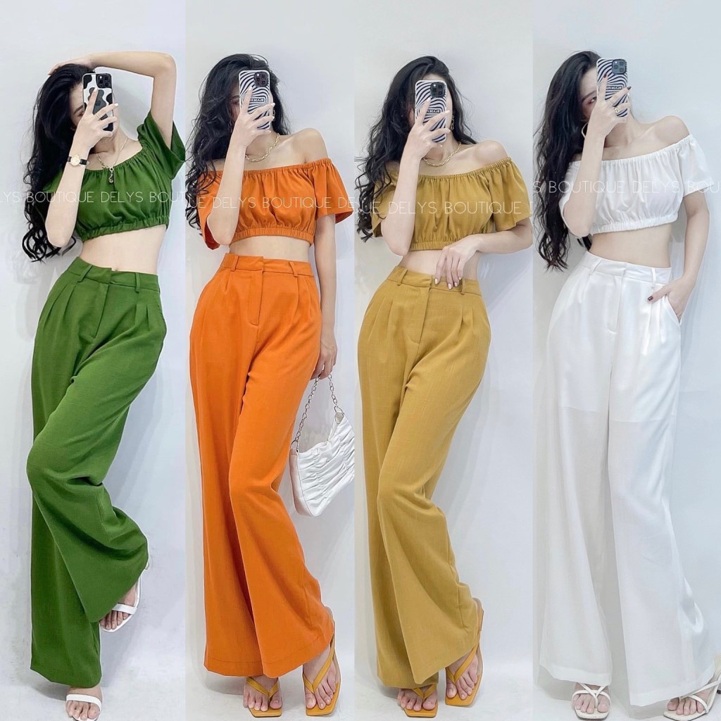 Set áo croptop quần ống rộng Delys áo croptop trễ vai quây ngực & quần suông cạp cao