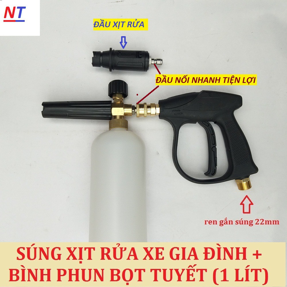 Bình Phun Bọt Tuyết+Súng Xịt Rửa Xe Cho Máy Rửa Xe (súng ren 22mm + bình bọt tuyết 1 lít )