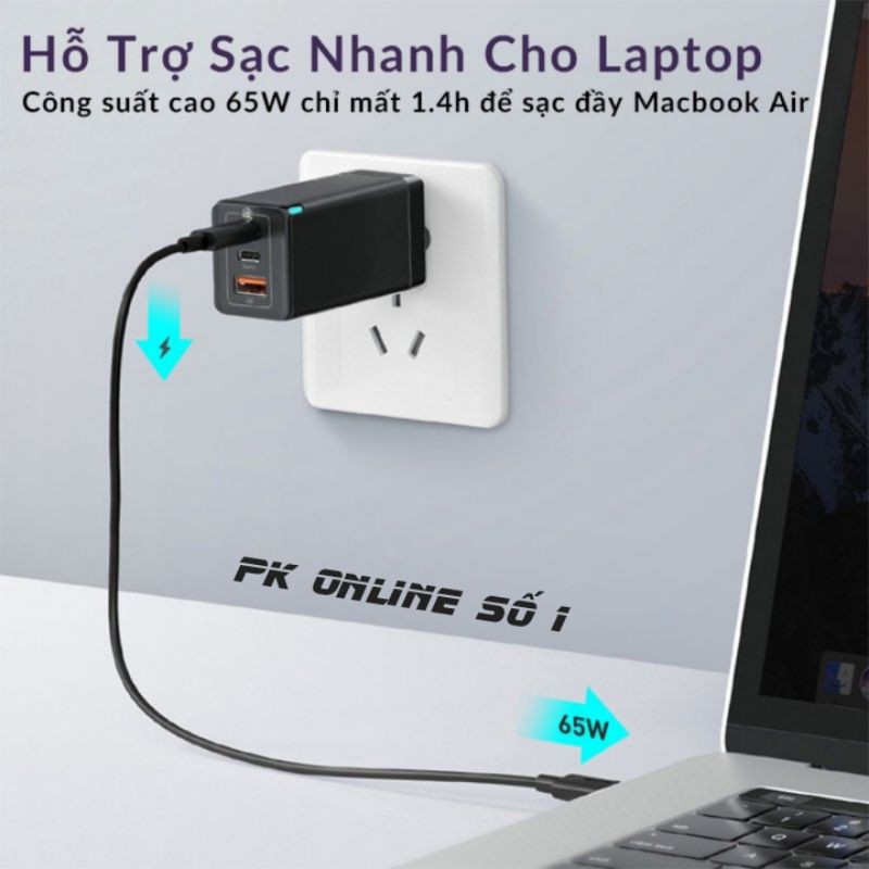 Củ sạc nhanh Baseus GaN 2 Pro 65W USB Quick Charge 4.0 Cho Iphone 12 Pro max / Macbook/ Laptop [Tặng Cap C to C]