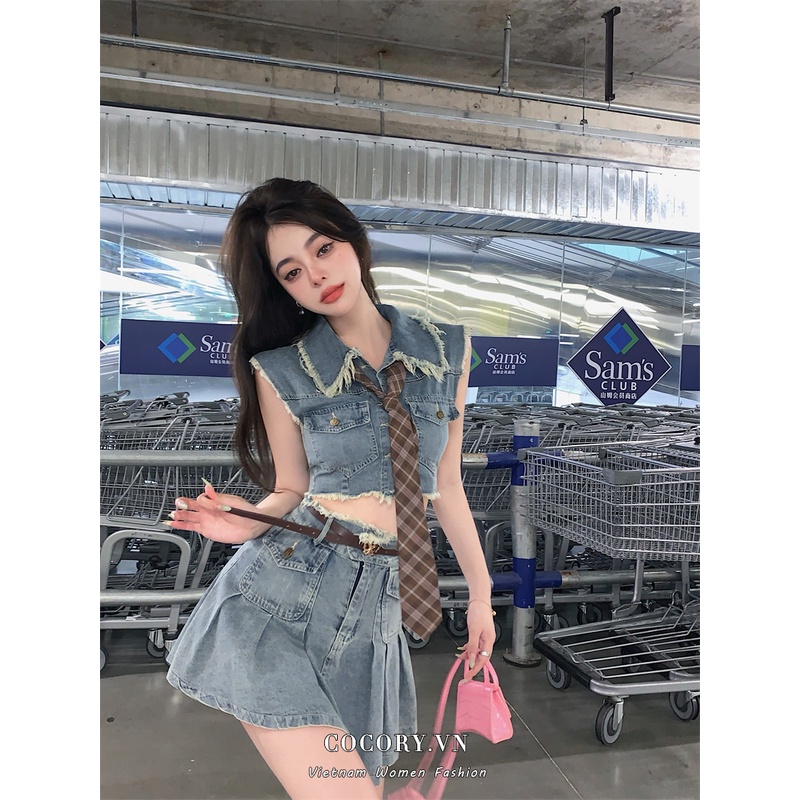 Cocory vn Set Áo Denim Không Tay + Chân Váy Chữ A Thời Trang Nữ